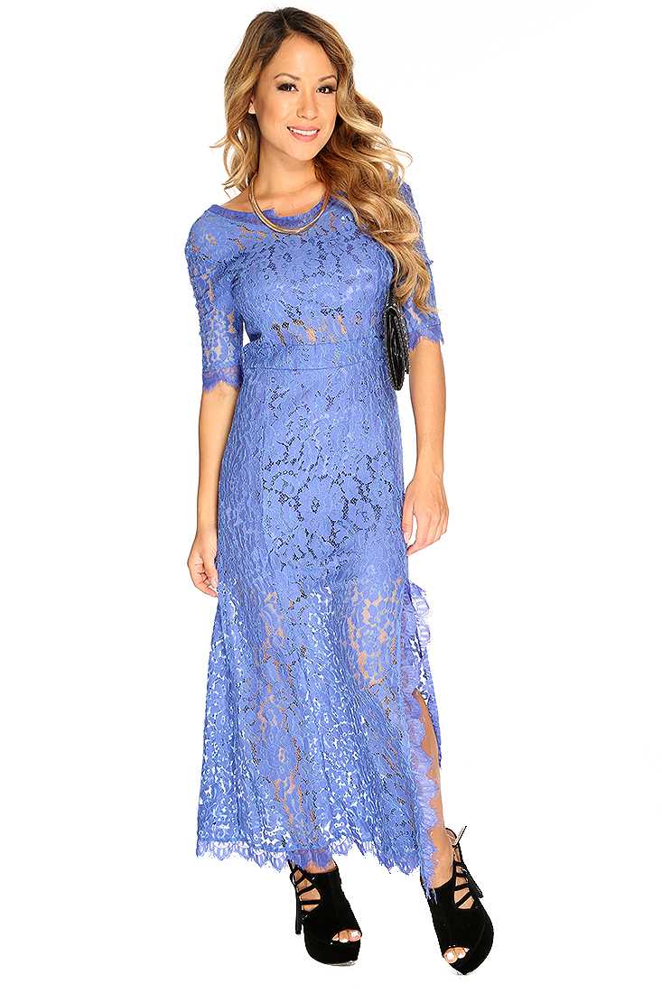 Blue Floral Embroidered V-back Sexy Dress
