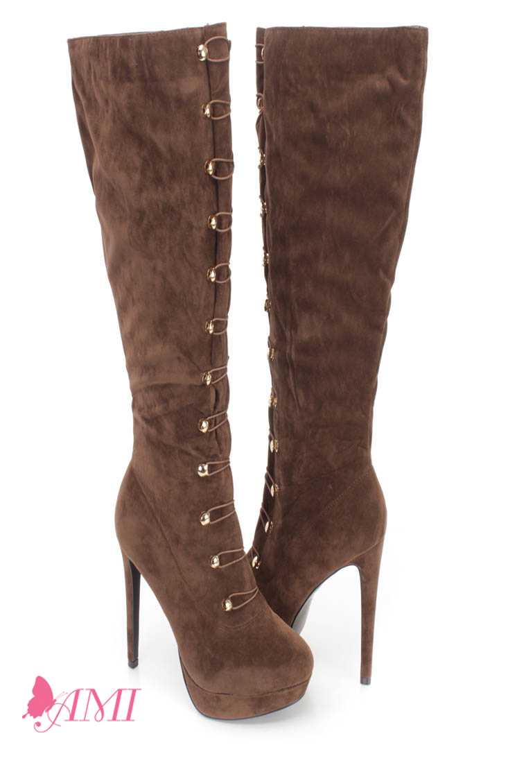 Brown Hook Loop High Heel Boots Faux Suede