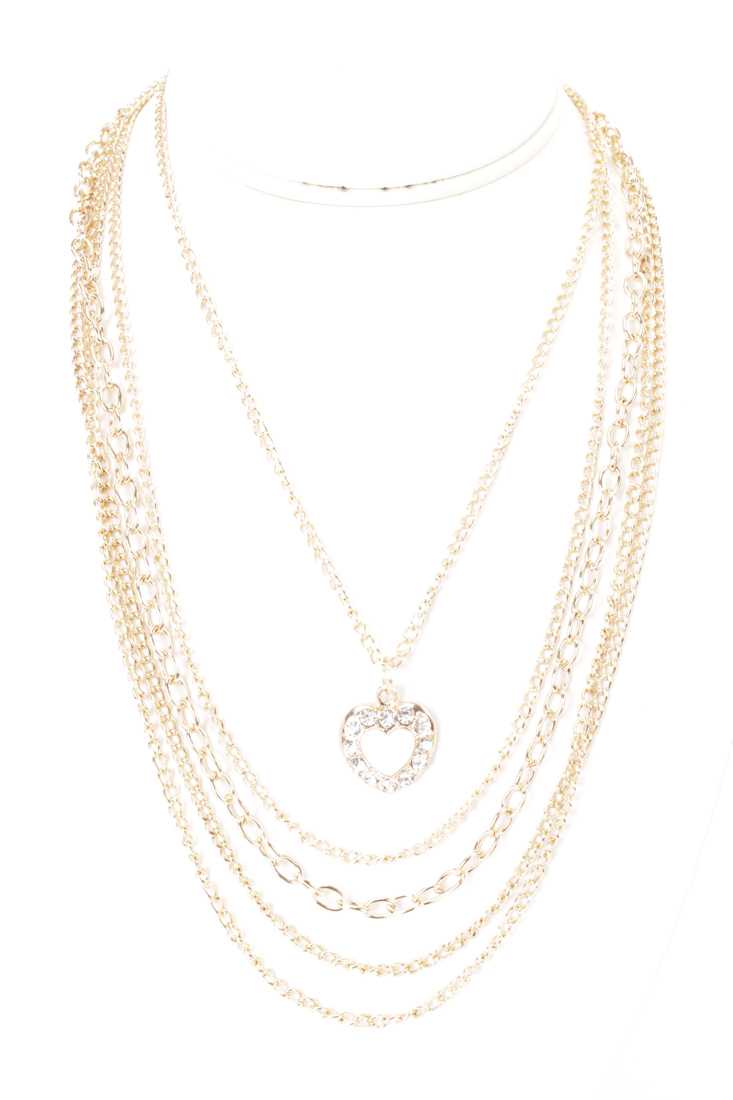 White Gold High Polish Heart Draped Chain Rhinestone Heart Pendant Necklace