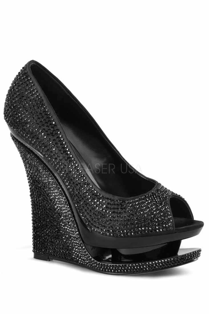 Black Rhinestone Peep Toe Carved Platform Wedges Satin
