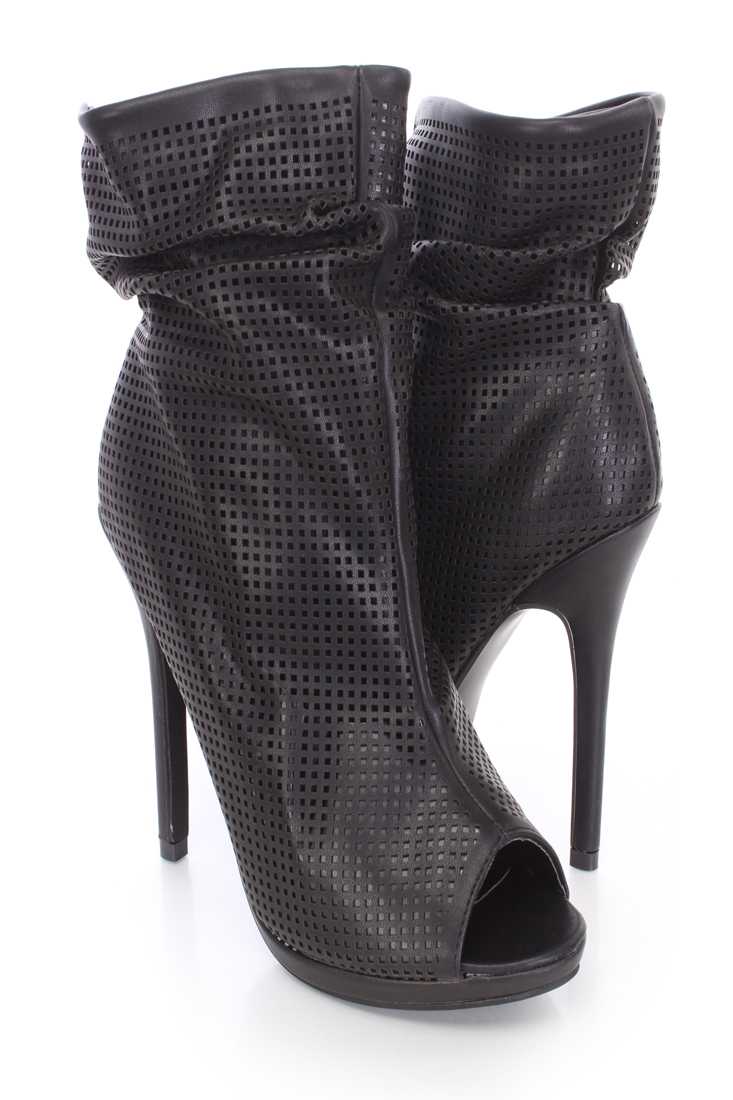 Black Perforated Overlay Slouchy Booties Faux Leather