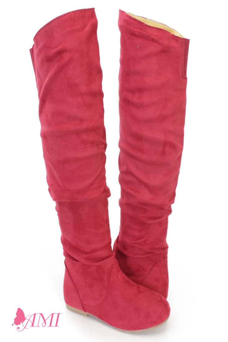 Red Slouchy Shaft Thigh High Boots Faux Suede