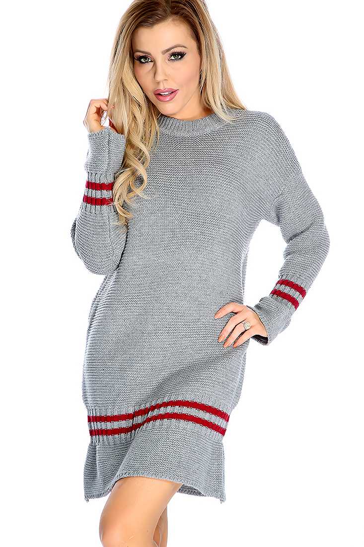 Sexy Grey Long Sleeve Round Neck Sweater Dress
