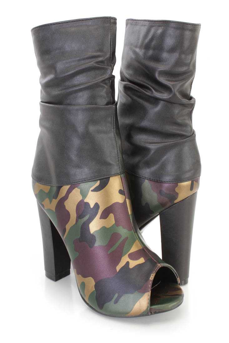 Camouflage Two Tone Slouchy Chunky Heel Boots Faux Leather