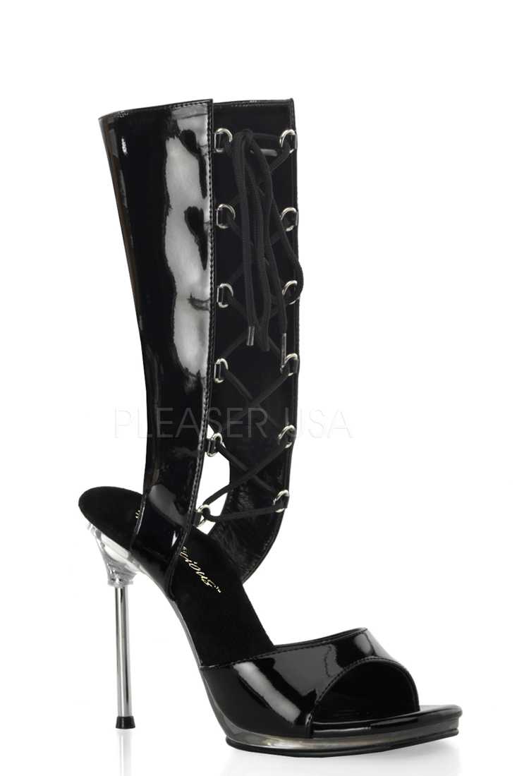 Black Mid Calf Lace Up Sandal Booties Patent