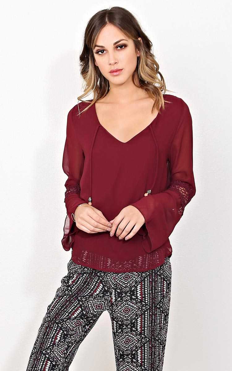 Kiera Woven Peasant Blouse - - Burgundy in Size by Styles For Less