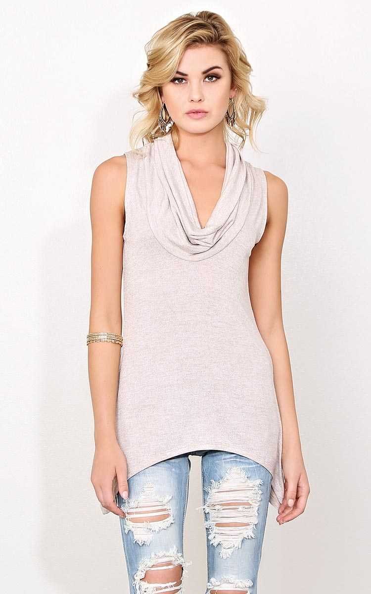 Spring Breeze Cowl Neck Knit Tanl - XLGE - Oatmeal in Size X-Large by Styles For Less