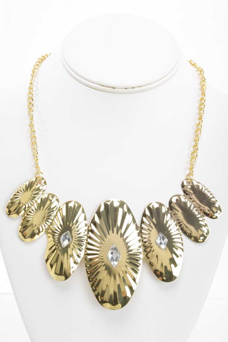 Clear Gold Carved Oval Shape Rhinestone Necklace