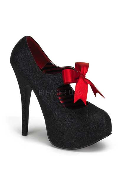 Black Glitter Bow Tie Mid Strap Platform High Heels