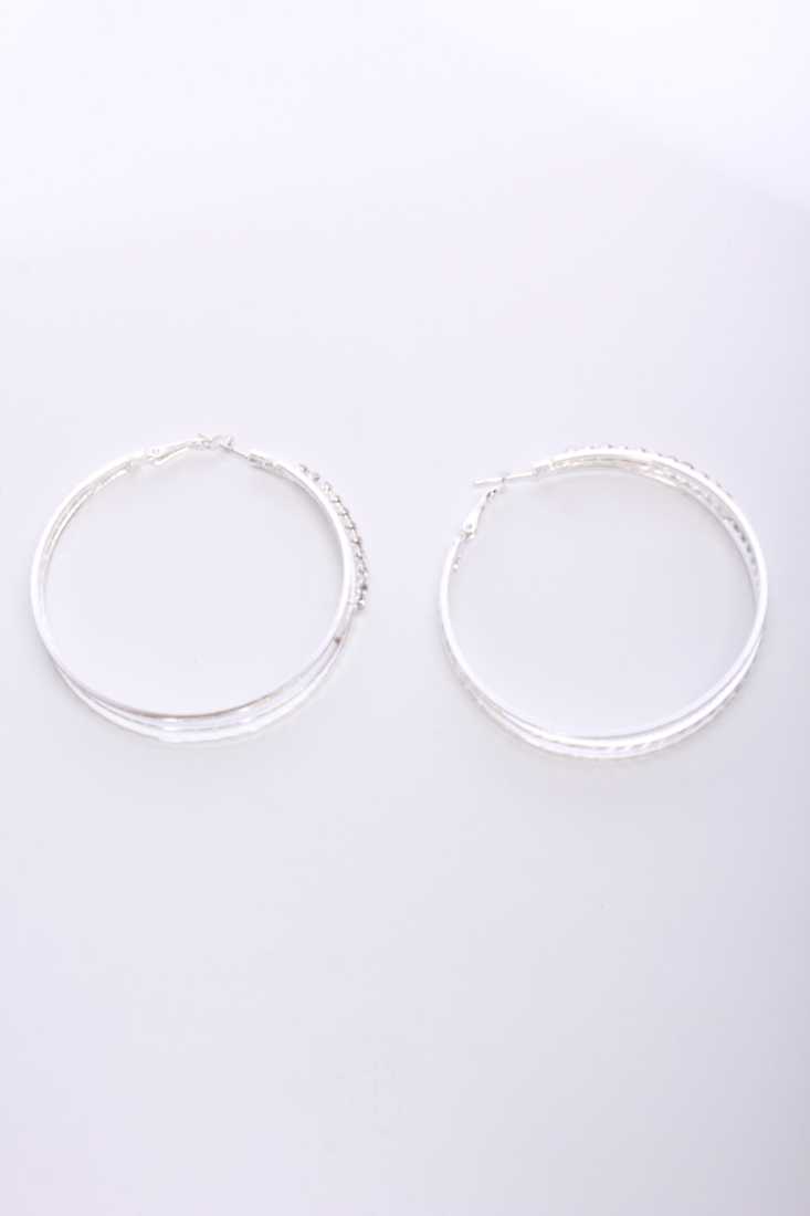 Silver Rhinestone Triple Layered Hoop Medium Size Earrings