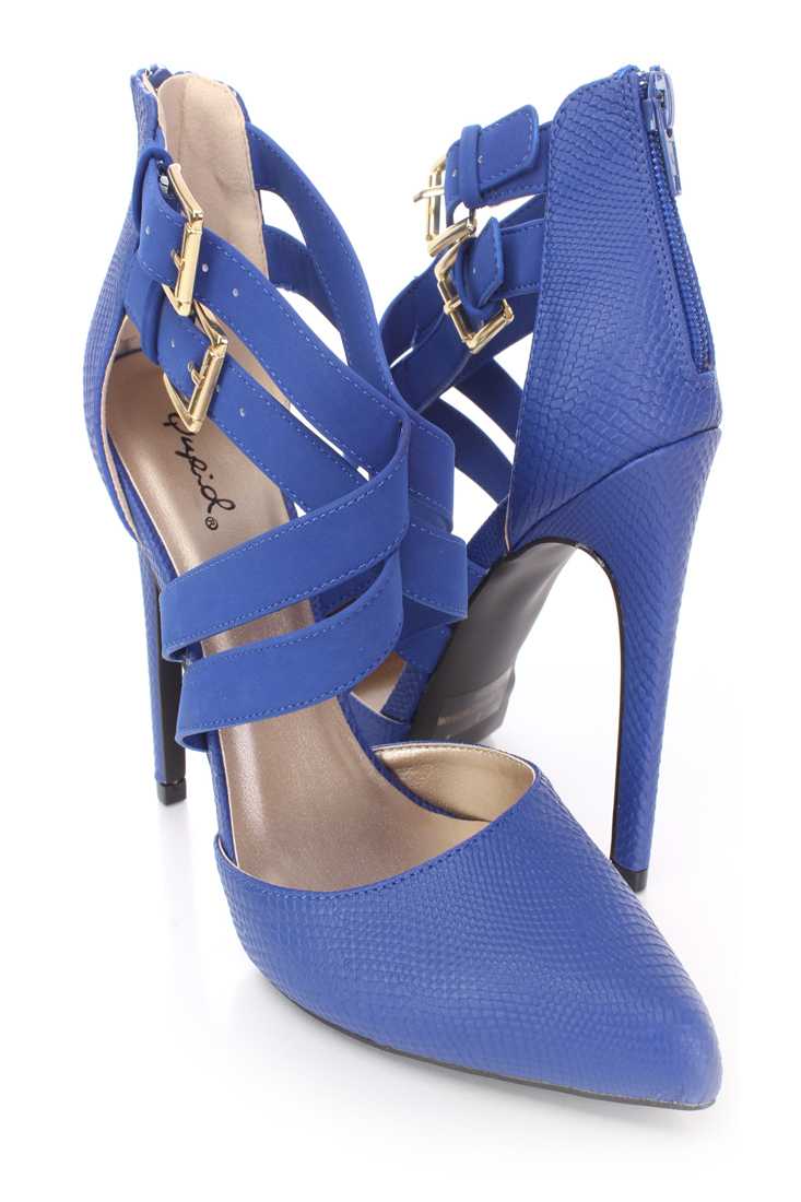 Cobalt Blue Cross Strappy Single Sole Heels Faux Leather