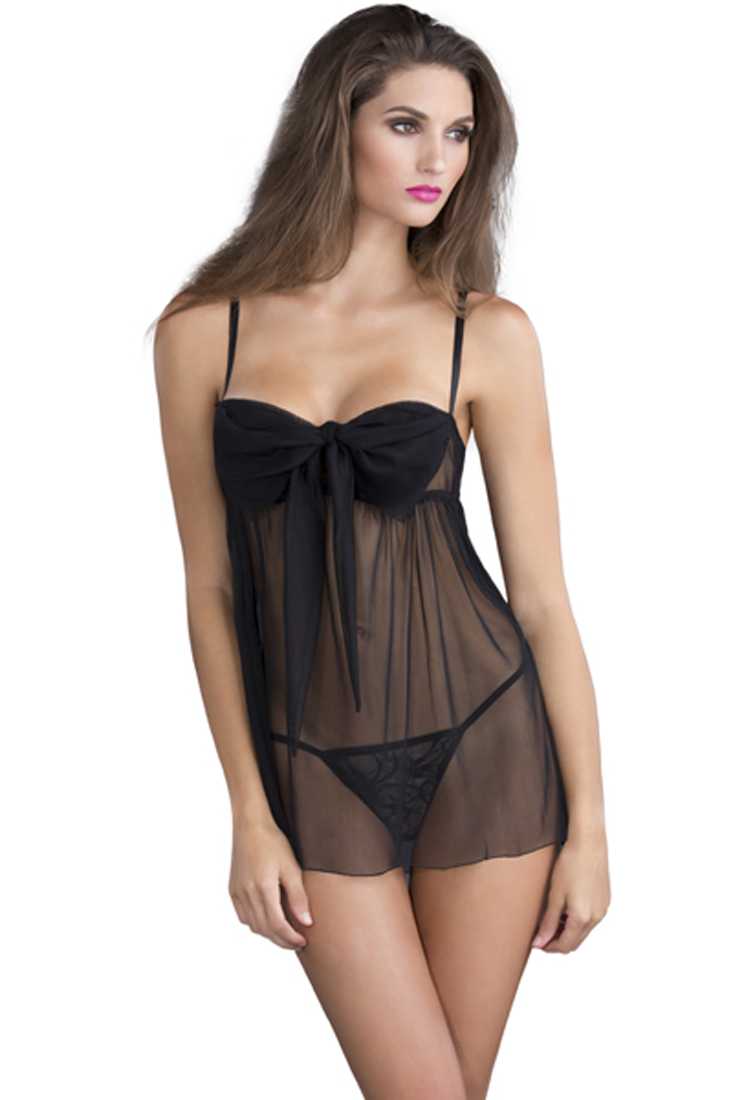 Black Mesh Versatile Baby Doll Lingerie 2Pc. Set