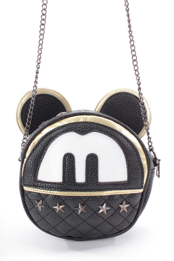 Black Star Studded Mouse Ear Faux Leather Cross Body Bag