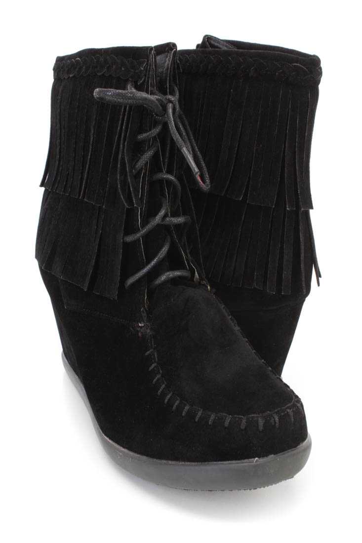 Black Fringe Ankle Wedge Booties Faux Suede