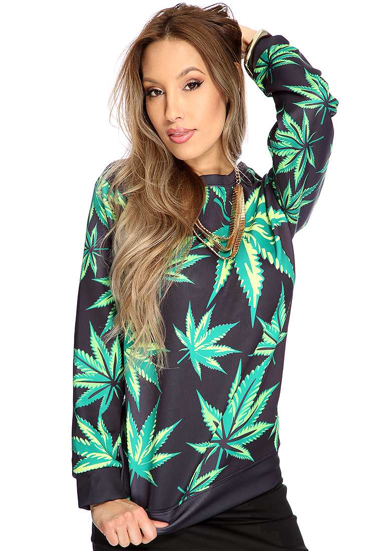 Black Green Herbal Leaf Print Pull Over Sweater