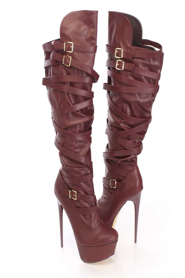 Wine Strappy Platform Knee High Boots Faux Leather