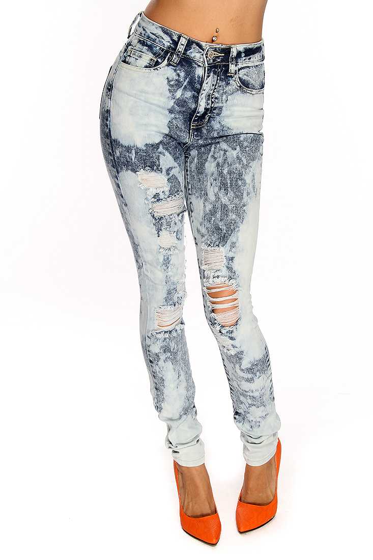 Bleach Denim Distress Design High Waist Denim Skinny Jeans
