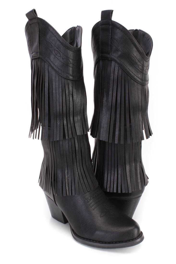 Black Stitched Fringe Western Boots Faux Leather