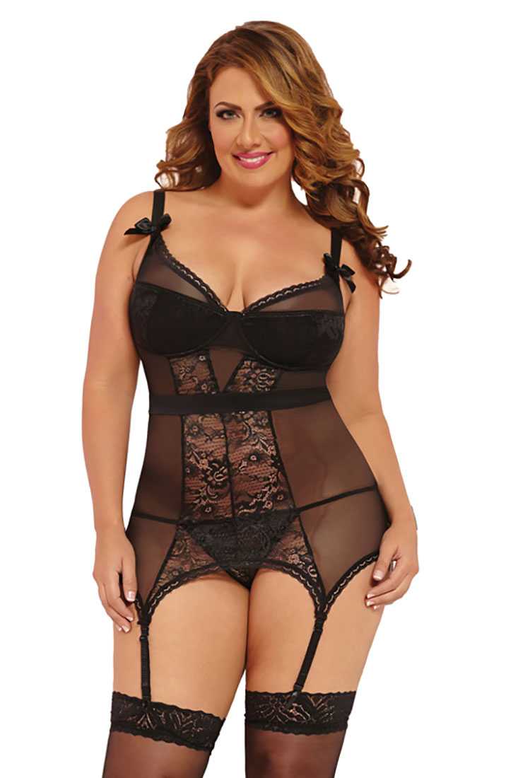 Black Stretch Satin Floral Lace Chemise Lingerie Set Plus Size