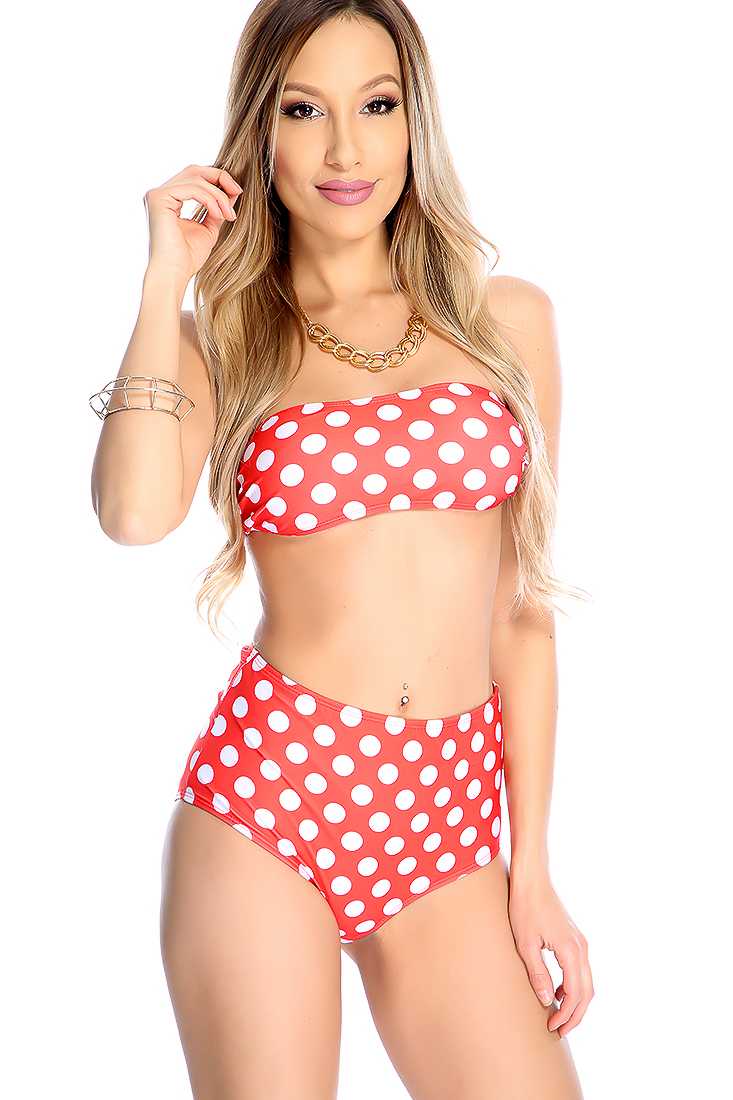 Polka Dot Red Bandeau High Waist 2 Piece Bikini