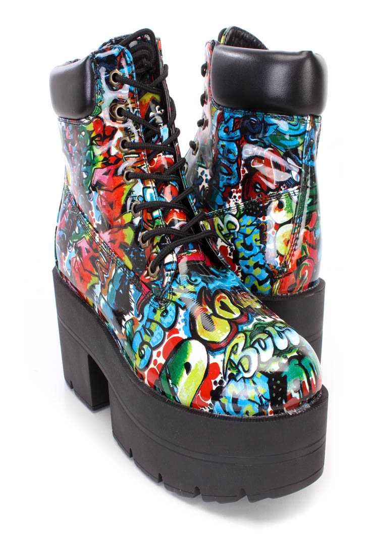 Graffiti Print Lace Up Chunky Platform Booties Patent