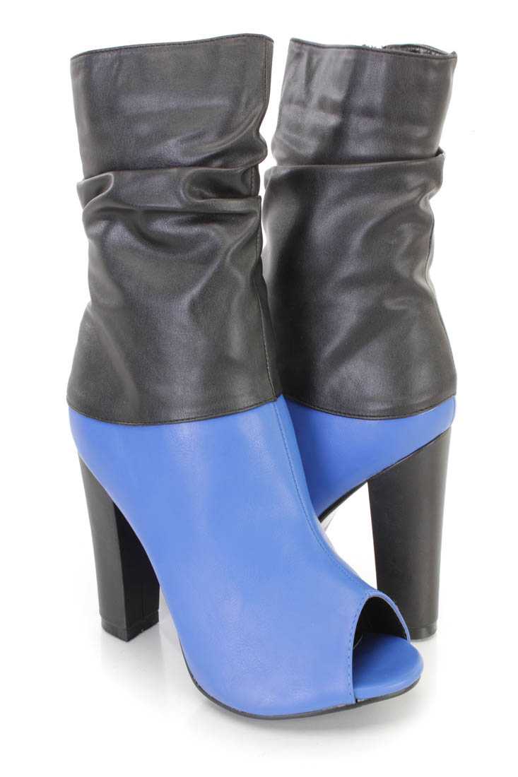 Blue Two Tone Slouchy Chunky Heel Boots Faux Leather
