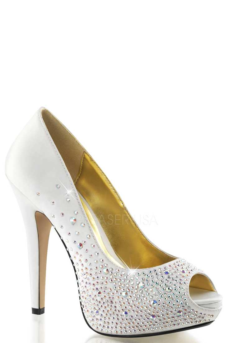 Ivory Rhinestone Peep Toe Pump High Heels Satin