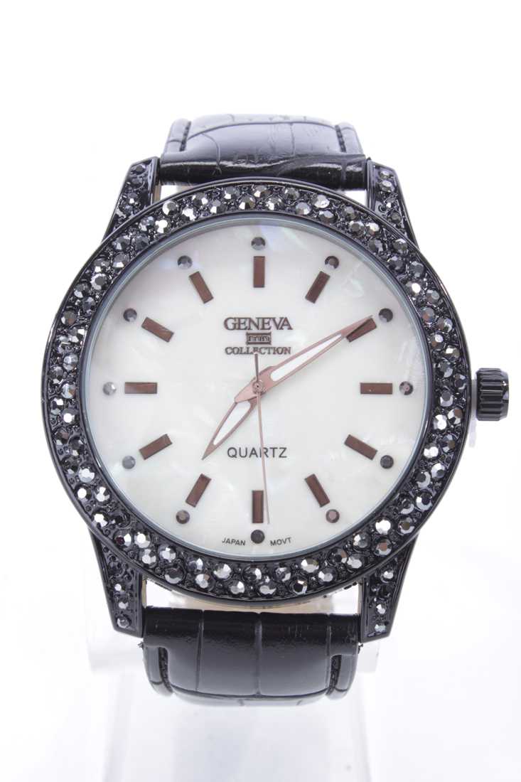 Black Faux Leather Croc Skin Large Rhinestone Round Face Watch