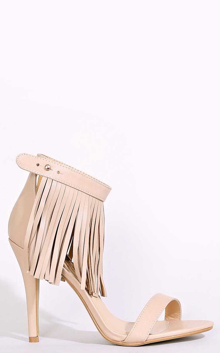 Vega Fringe Single Strap Heels - Nude in Size by Styles For Less