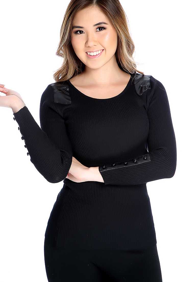 Black Ribbed Faux Leather Insects Casual Top