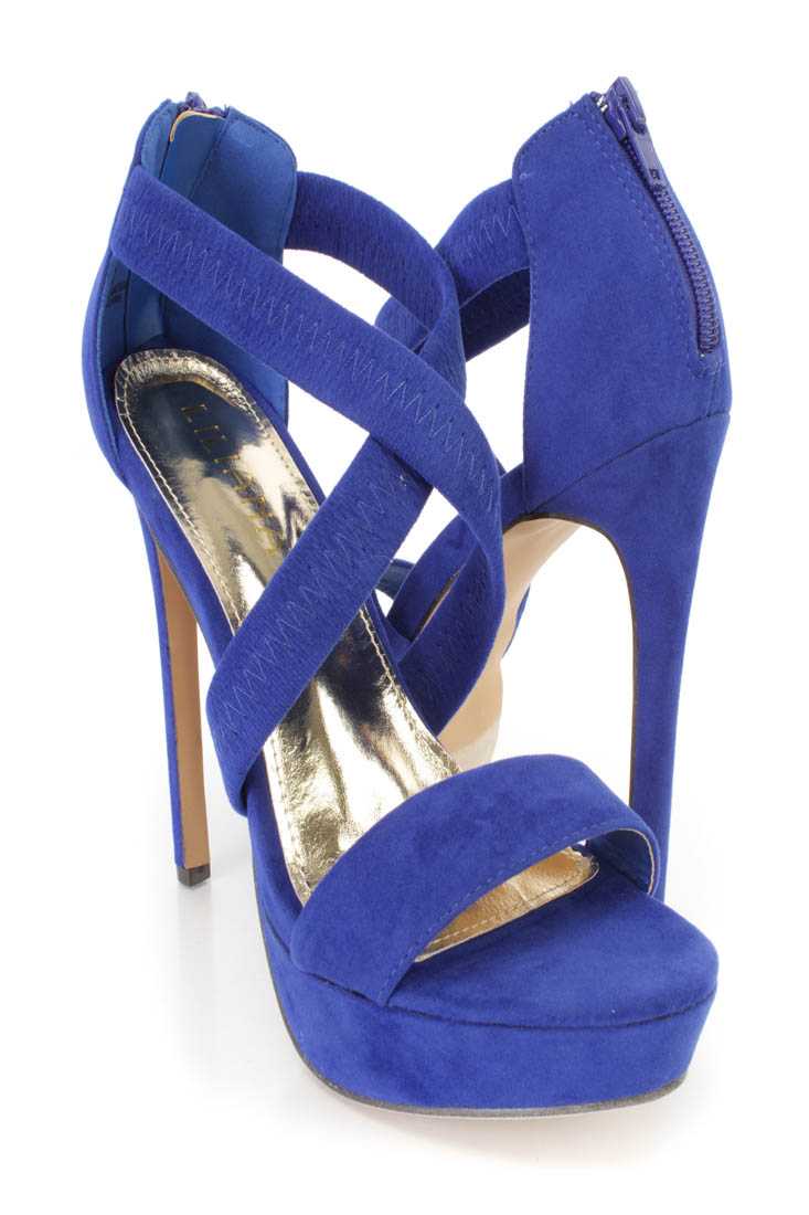 Blue Cross Strappy Platform High Heels Faux Suede