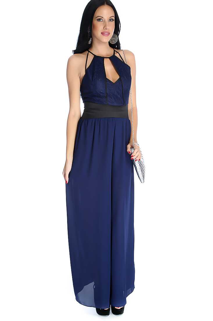 Sexy Navy Sleeveless V Neck Cut Out Wide Leg Jumpsuit