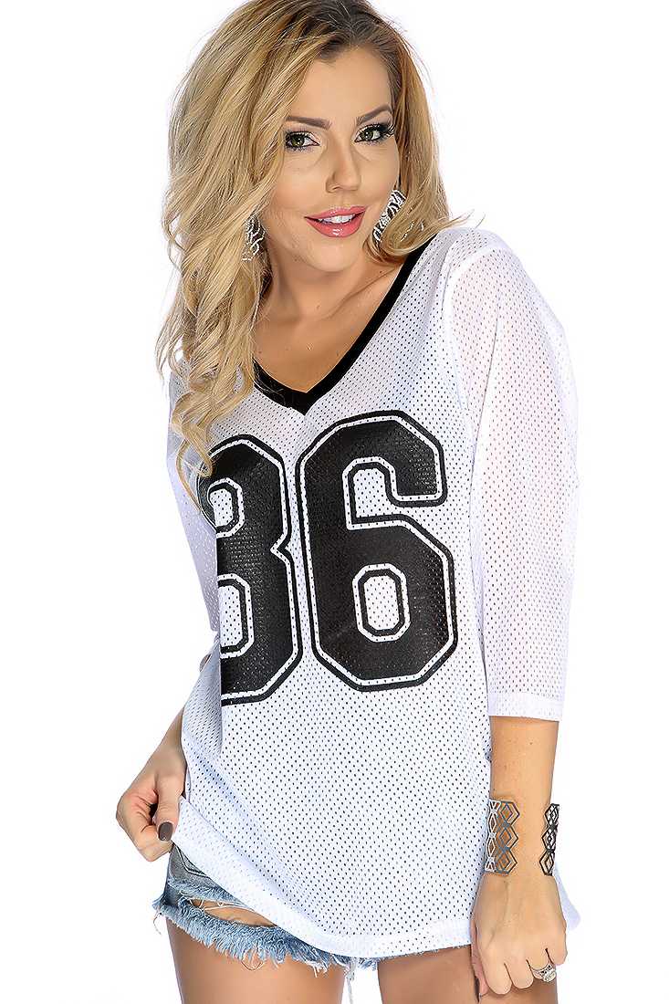White Quarter Sleeves V Neck Prints Perforated Top