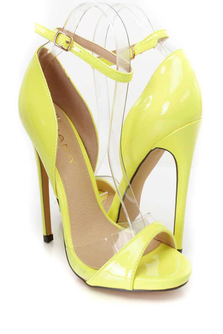 Neon Yellow Peep Toe Single Sole High Heels Patent