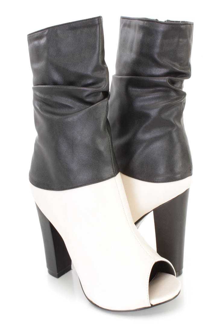 Beige Two Tone Slouchy Chunky Heel Boots Faux Leather