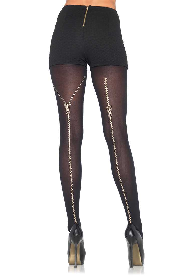Black Zipper Print Backseam Pantyhose Hosiery