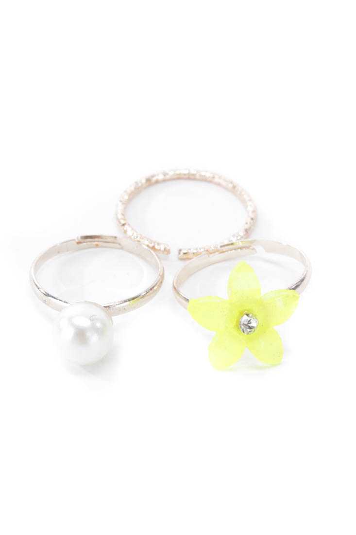 Neon Yellow High Polish Metal Flower Ring Set