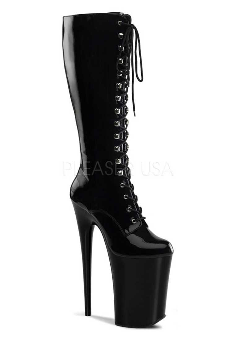 Black Front Lace Up Knee Platform Boots Patent