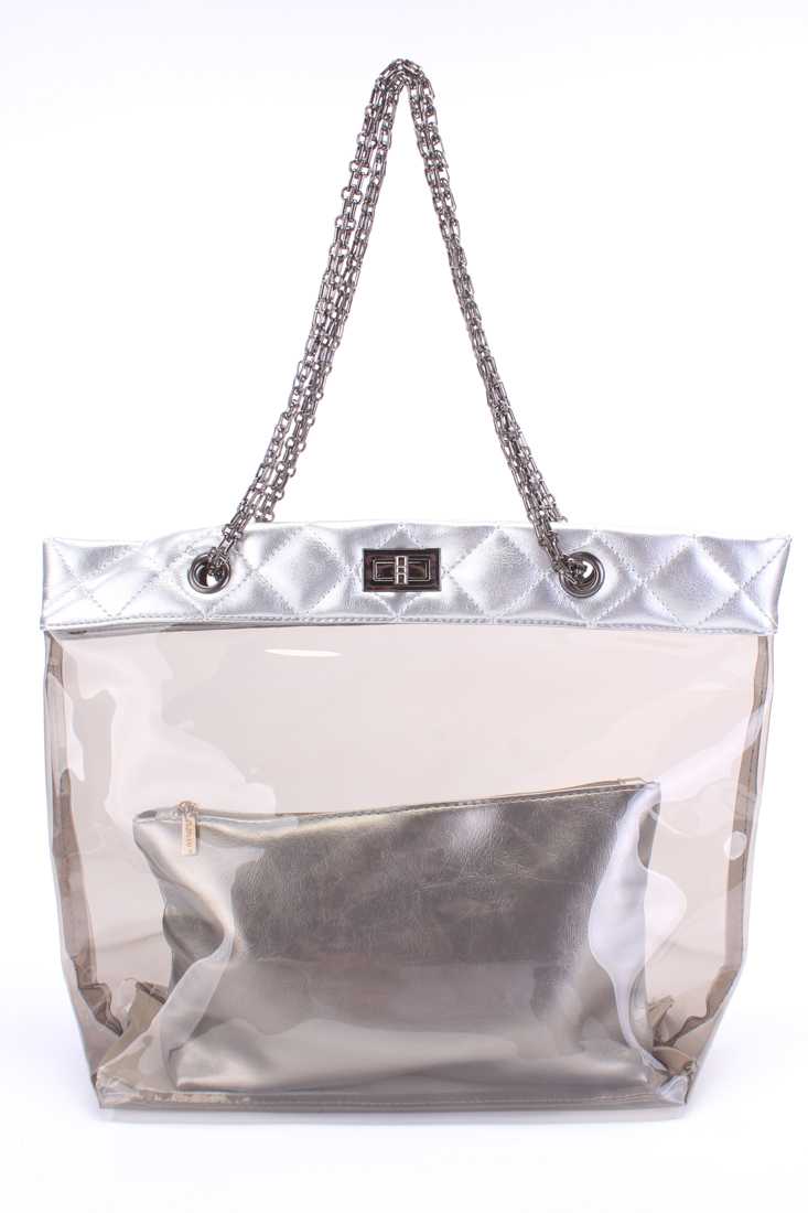Silver Faux Leather Translucent Design Summer Beach Tote