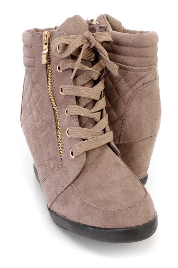 Taupe Quilted Lace Up Sneaker Wedges Faux Suede