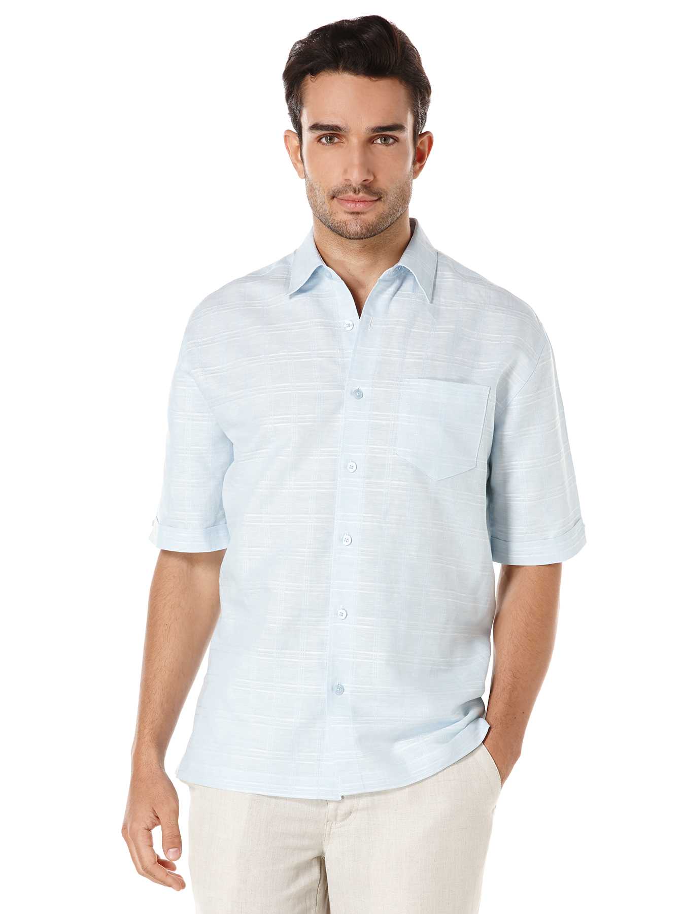 Cubavera Linen Cotton Short Sleeve Tonal Dobby Plaid