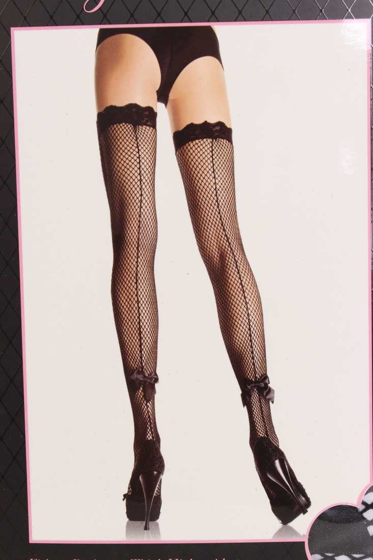 Black Satin Fish Net Bow Accent Thigh High
