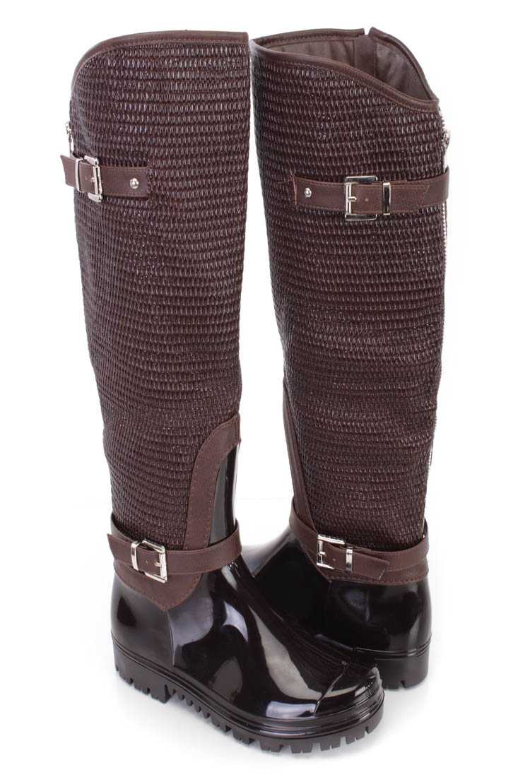 Brown Textured Knee High Boots Patent Faux Leather