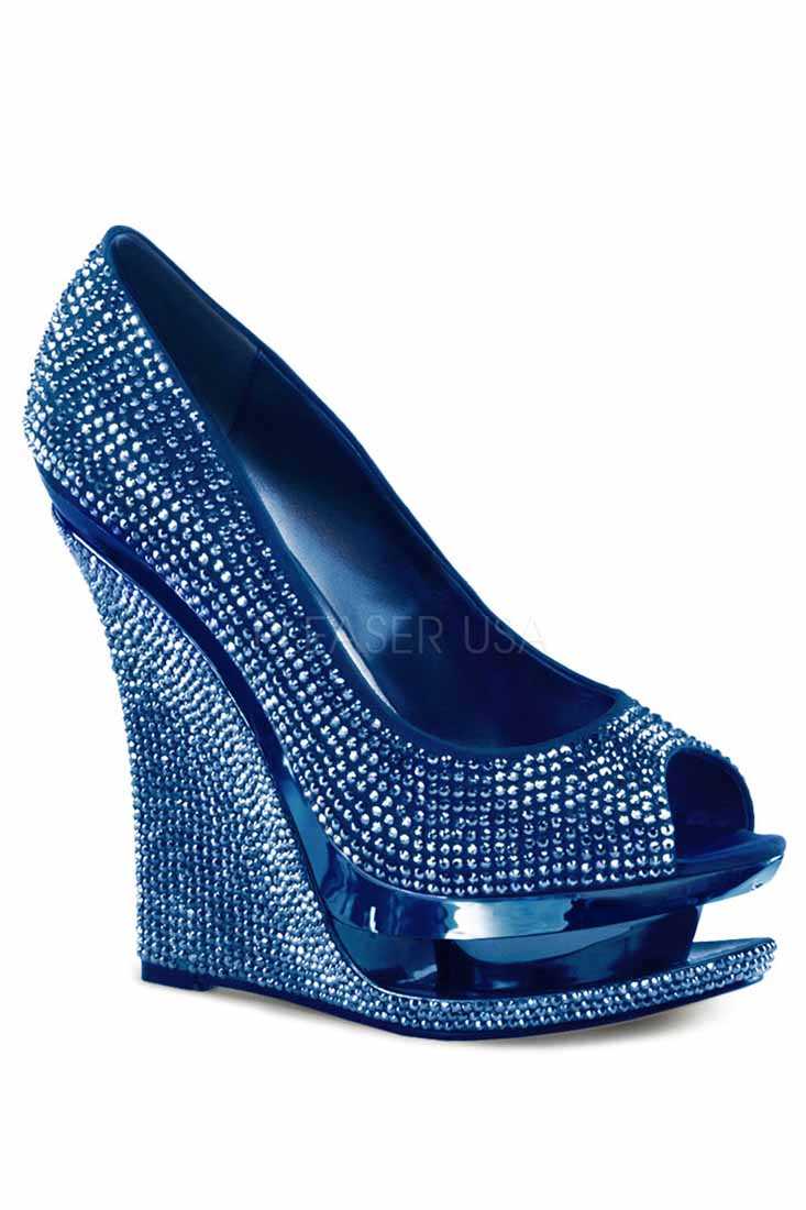 Blue Rhinestone Peep Toe Carved Platform Wedges Satin
