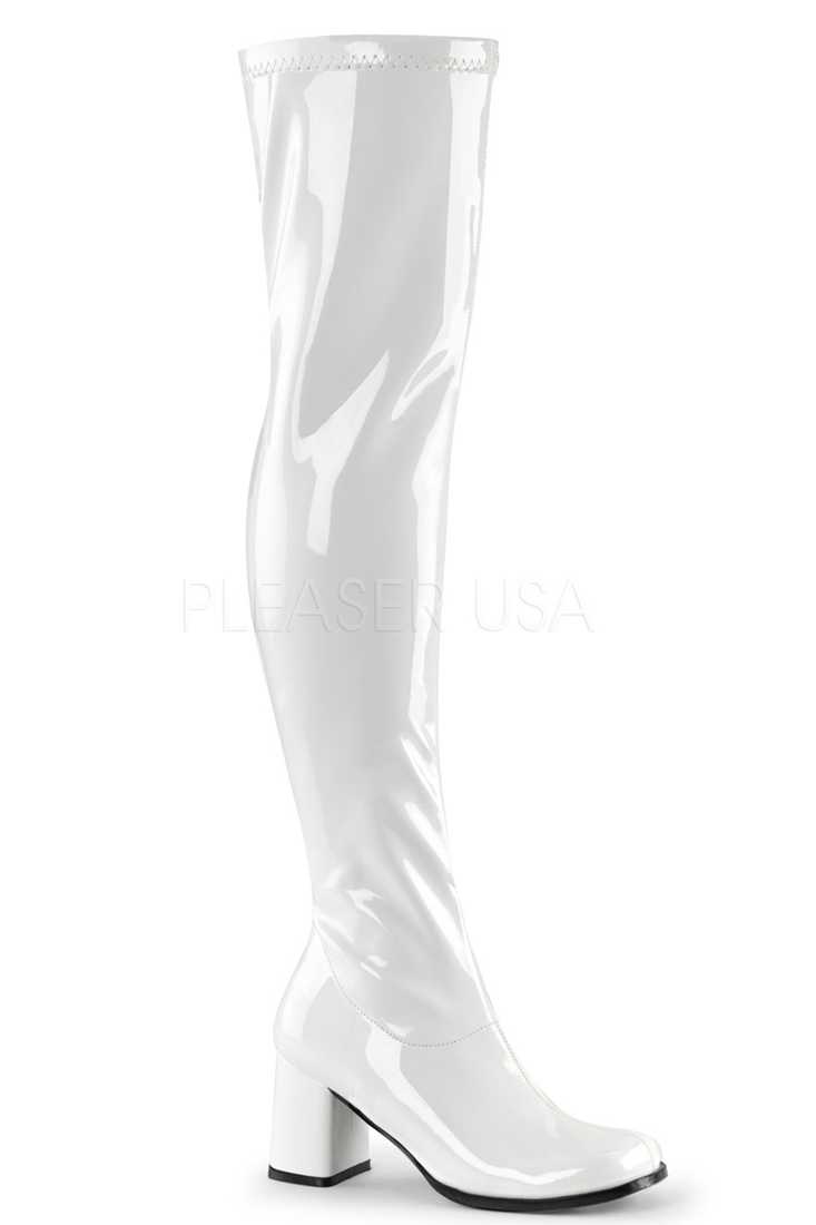 White Over The Knee Block Heel Boots Patent