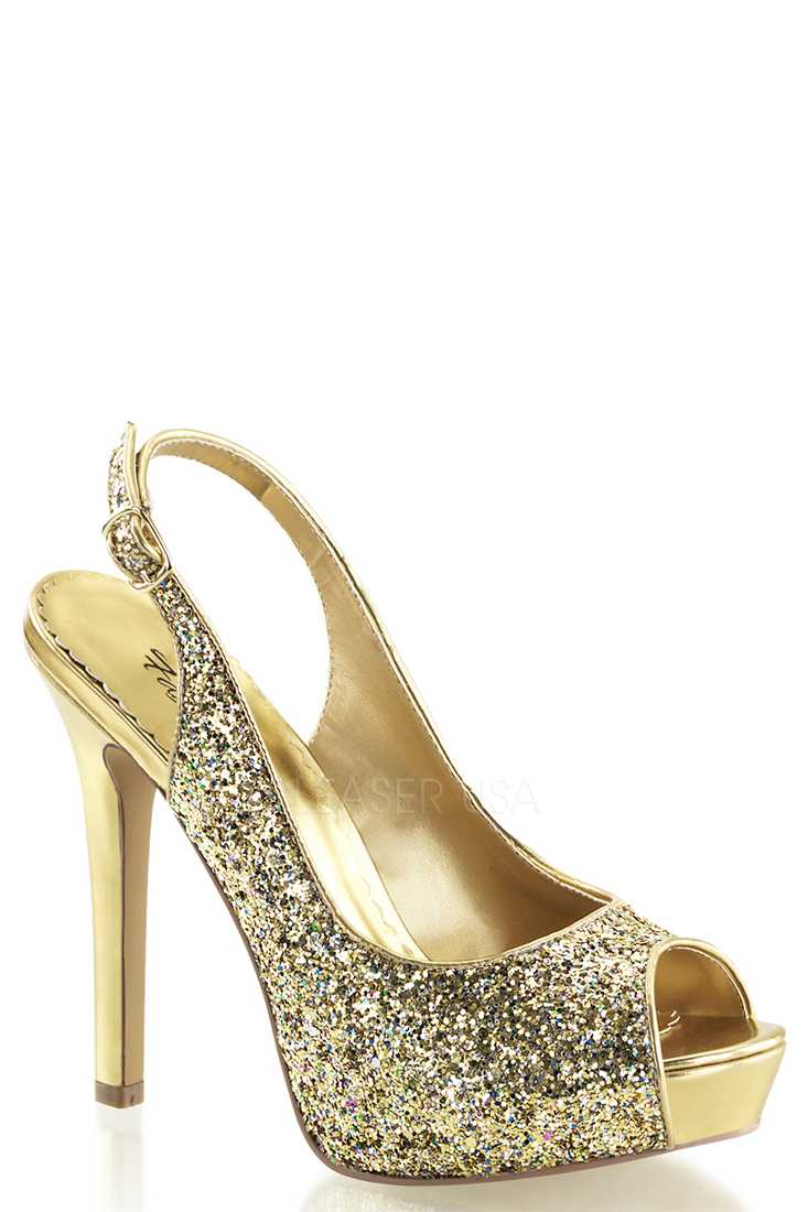 Gold Peep Toe Sling Back Pump High Heels Glitter