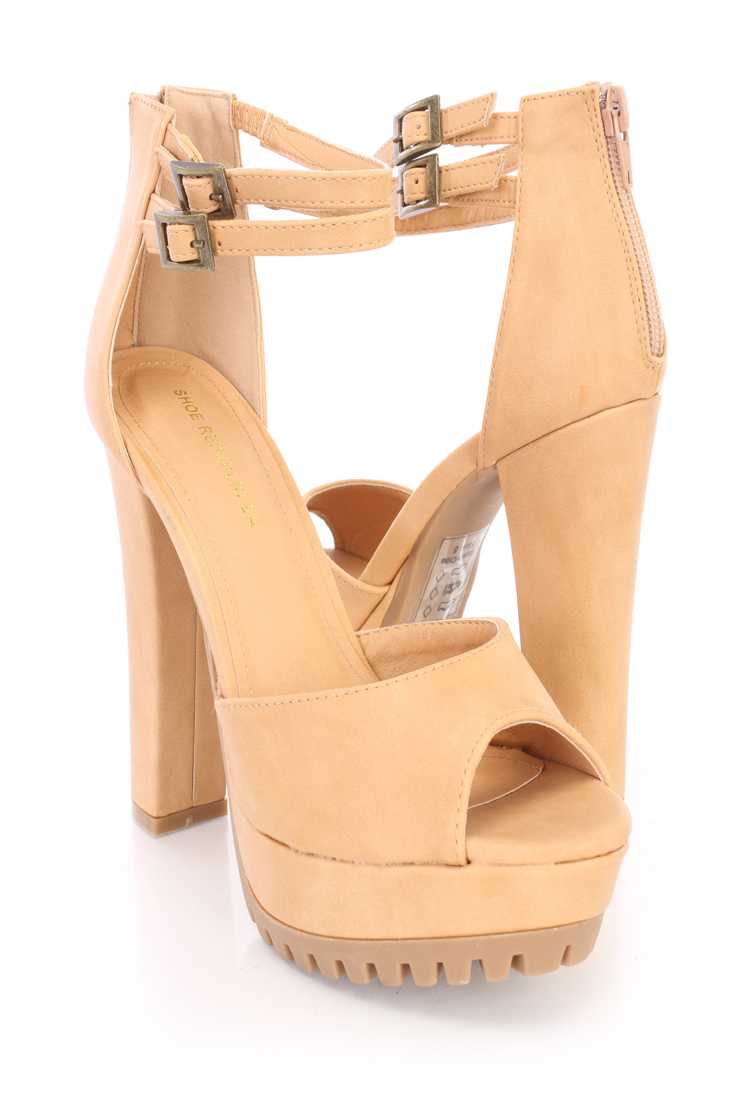 Camel Peep Toe Platform Ankle Strappy High Heels Faux Leather