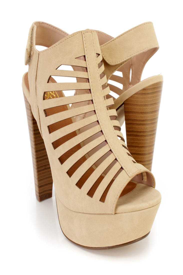 Beige Perforated Strappy Platform Booties Nubuck