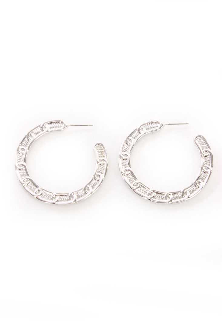 Silver High Polish Textured Open Hoop Earrings