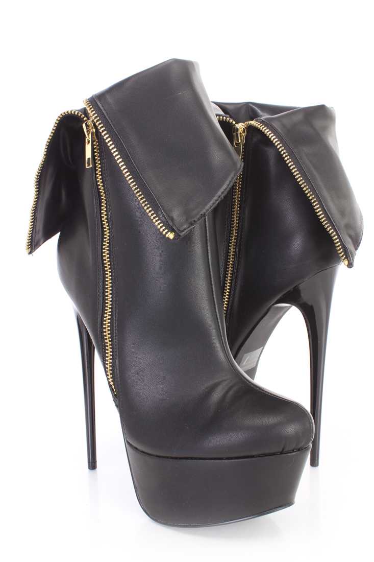 Black Cuffed Platform Stiletto Booties Faux Leather